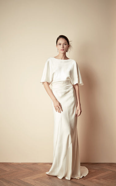 Style: GLORIA Hammered Silk Draped Sleeve Gown